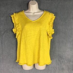 Chicos 100% Linen Yellow Top XL Size 3 Fringe Trim  Boho Bright Summer Vacation